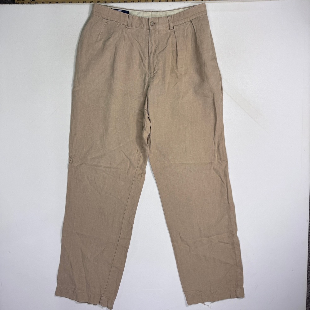 Polo Ralph Lauren Mens 33x34 (32x32) Tan 100% Linen Pleated Dress Pants VTG